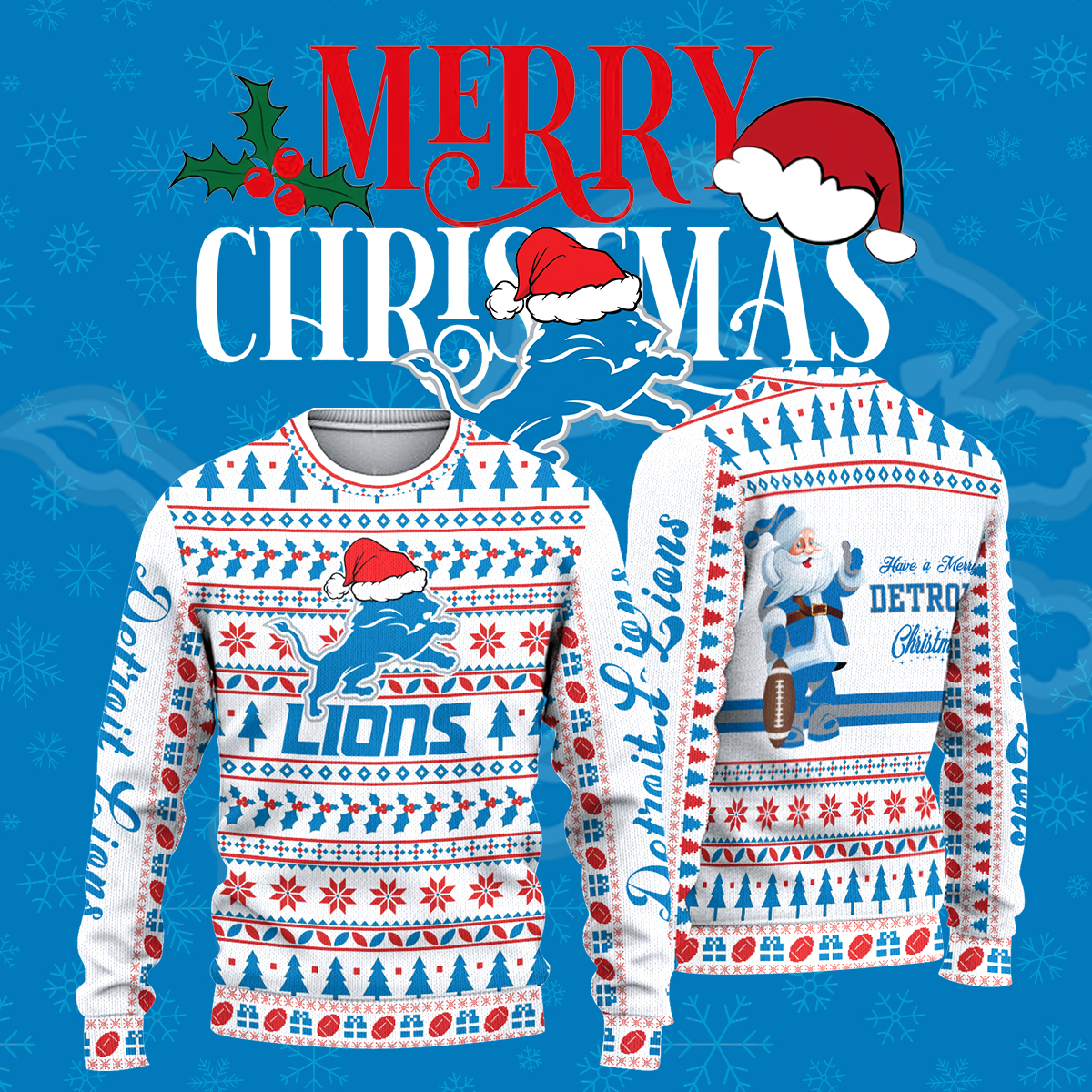 Detroit Lions Merry Christmas Knitted Sweater - Famjoys Detroit Lions Merry Christmas Knitted Sweater - Famjoys