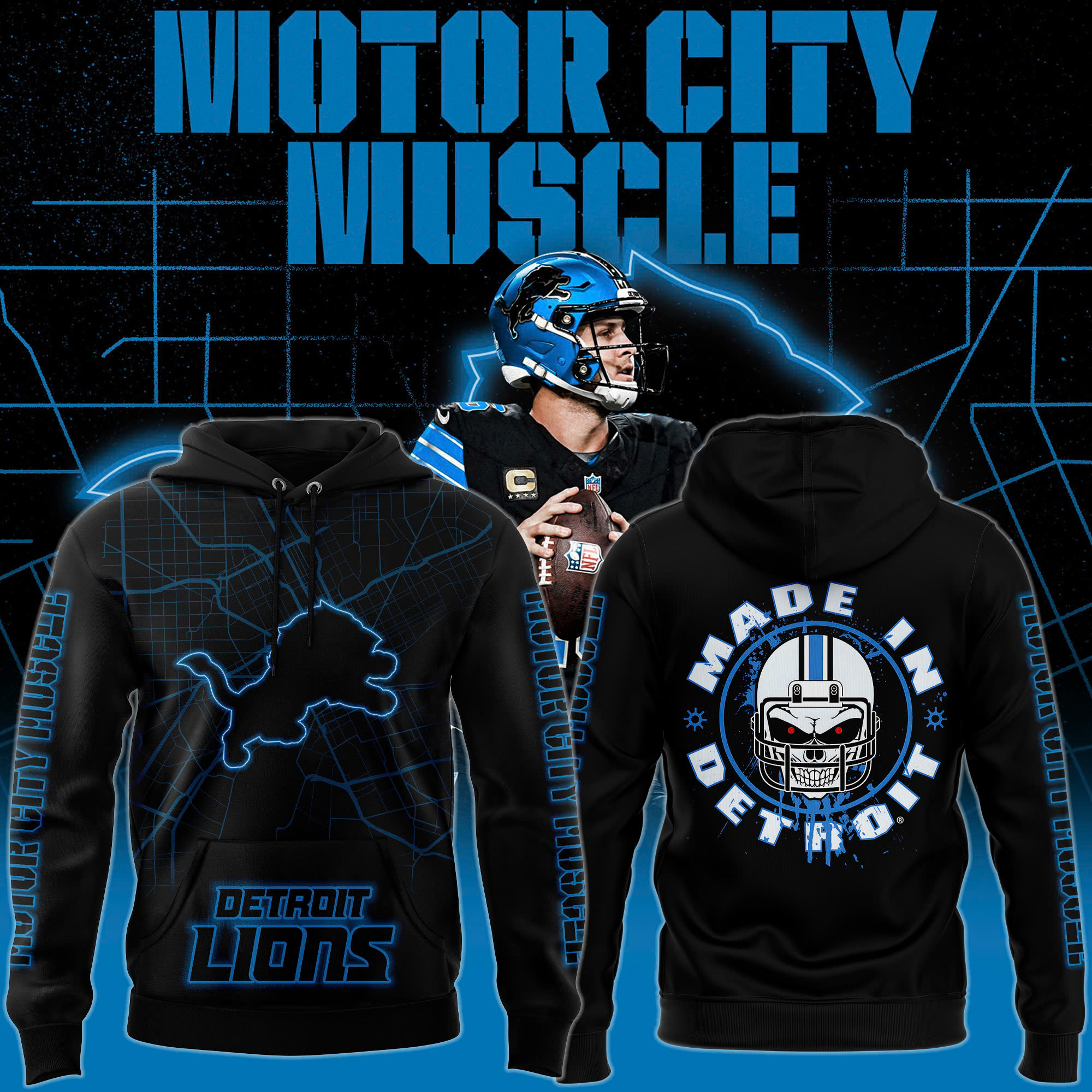 Detroit Lions Motor City Muscle Premium Pullover Hoodie - Famjoys Detroit Lions Motor City Muscle Premium Pullover Hoodie - Famjoys