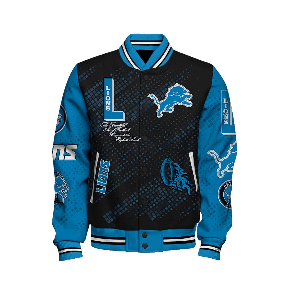 Detroit Lions National Football League Pattern Varsity Jacket V13 - Famjoys Detroit Lions National Football League Pattern Varsity Jacket V13 - Famjoys