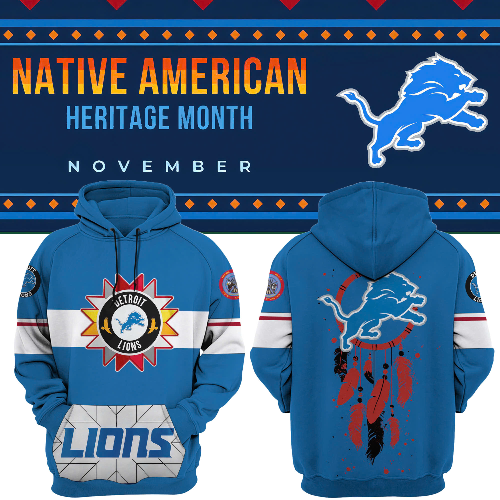 Detroit Lions Native American Heritage Month Premium Pullover Hoodie - Famjoys Detroit Lions Native American Heritage Month Premium Pullover Hoodie - Famjoys