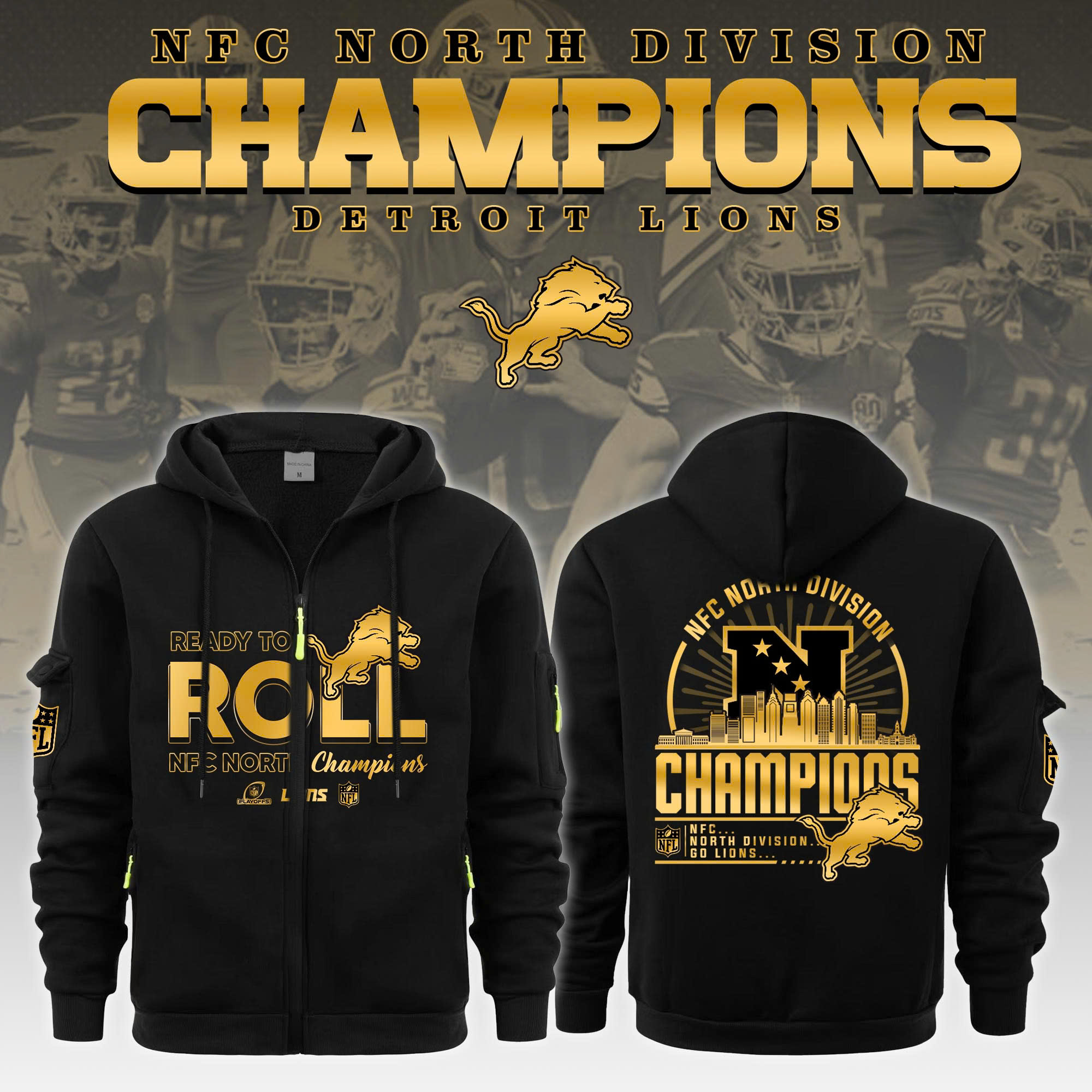 Detroit  Lions NFC North Division Champions   New Zip Hoodie 2025