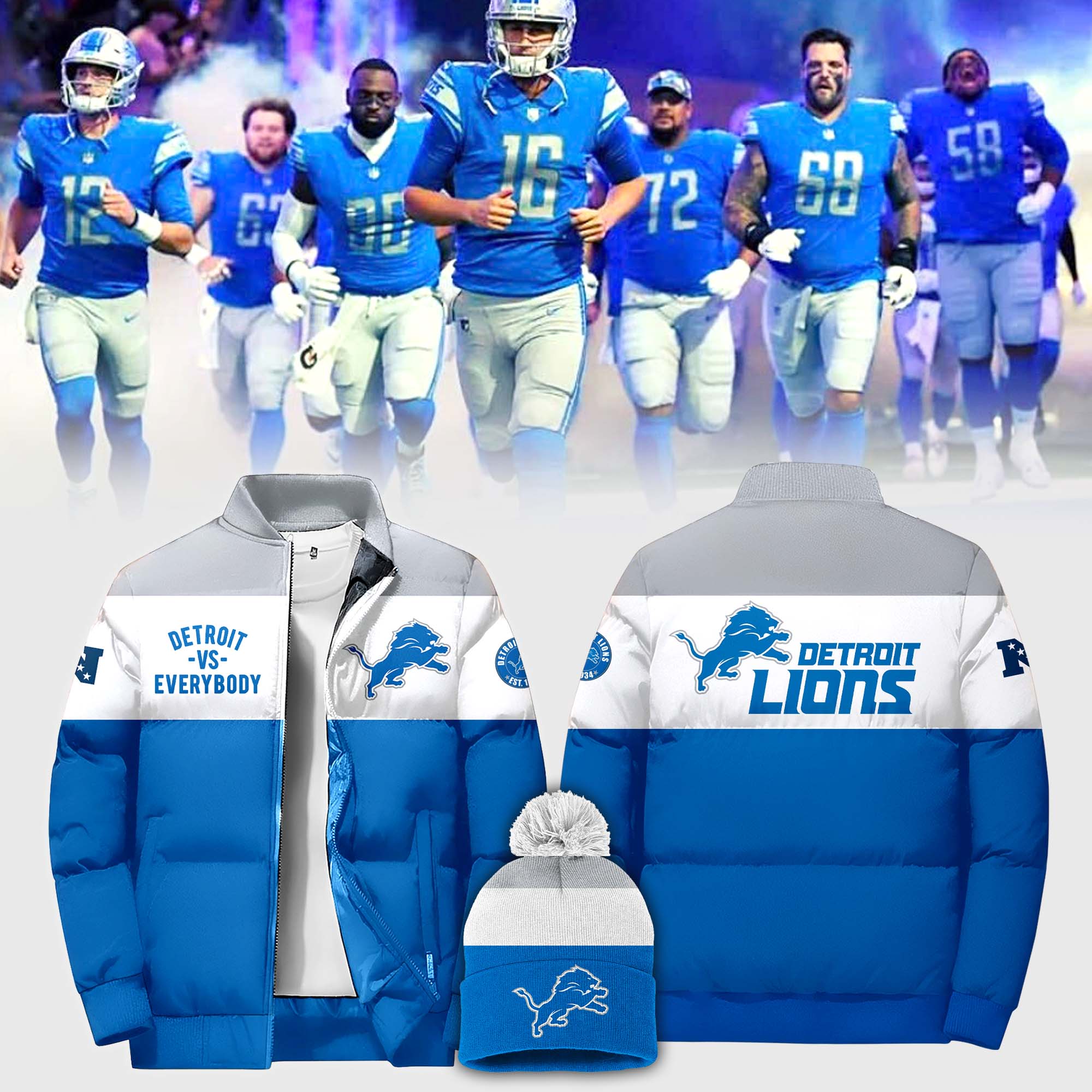 Detroit Lions Premium 3D Bomber Down Jacket - Famjoys Detroit Lions Premium 3D Bomber Down Jacket - Famjoys