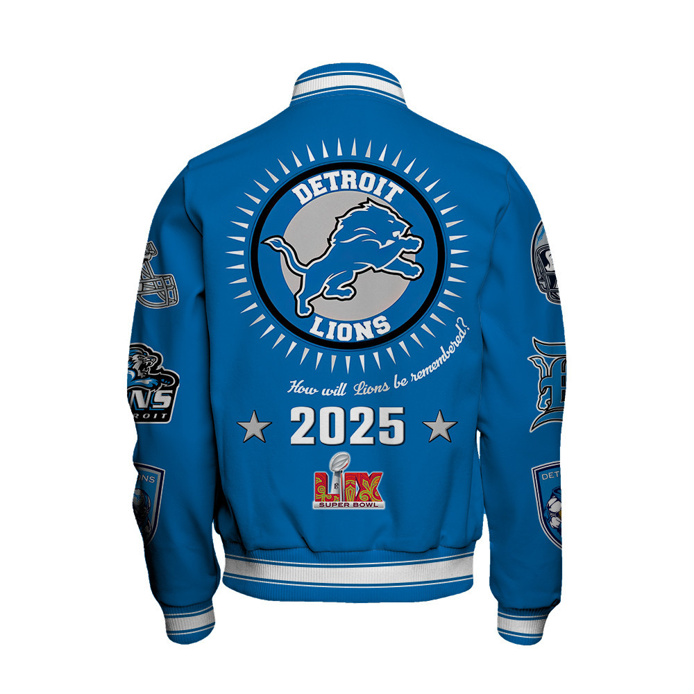 Detroit Lions Super Bowl LIX Celebrate The Champions Varsity Jacket - Famjoys Detroit Lions Super Bowl LIX Celebrate The Champions Varsity Jacket - Famjoys
