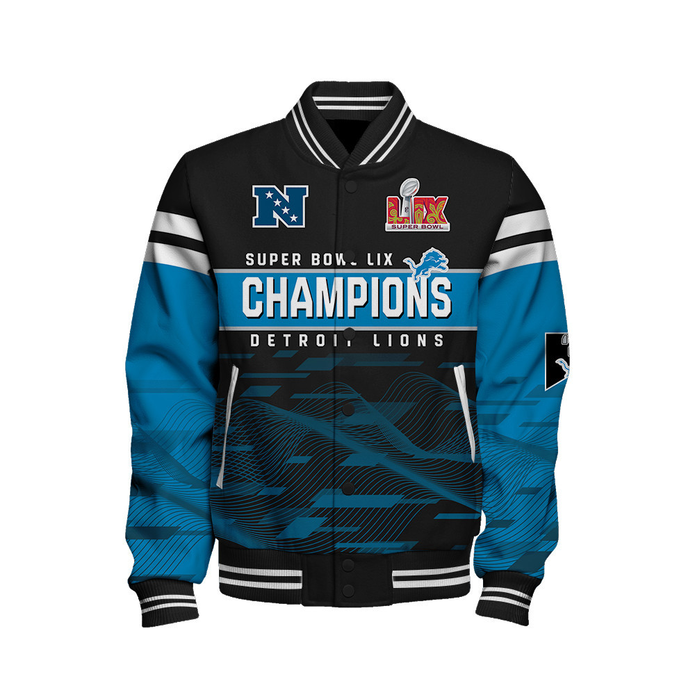Detroit Lions Super Bowl LIX Champions Varsity Jacket - Famjoys Detroit Lions Super Bowl LIX Champions Varsity Jacket - Famjoys