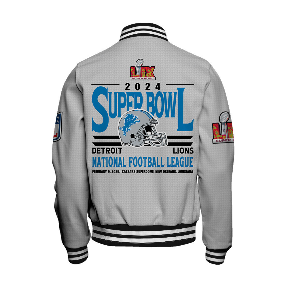 Detroit Lions Super Bowl LIX Glory Varsity Jacket - Famjoys Detroit Lions Super Bowl LIX Glory Varsity Jacket - Famjoys