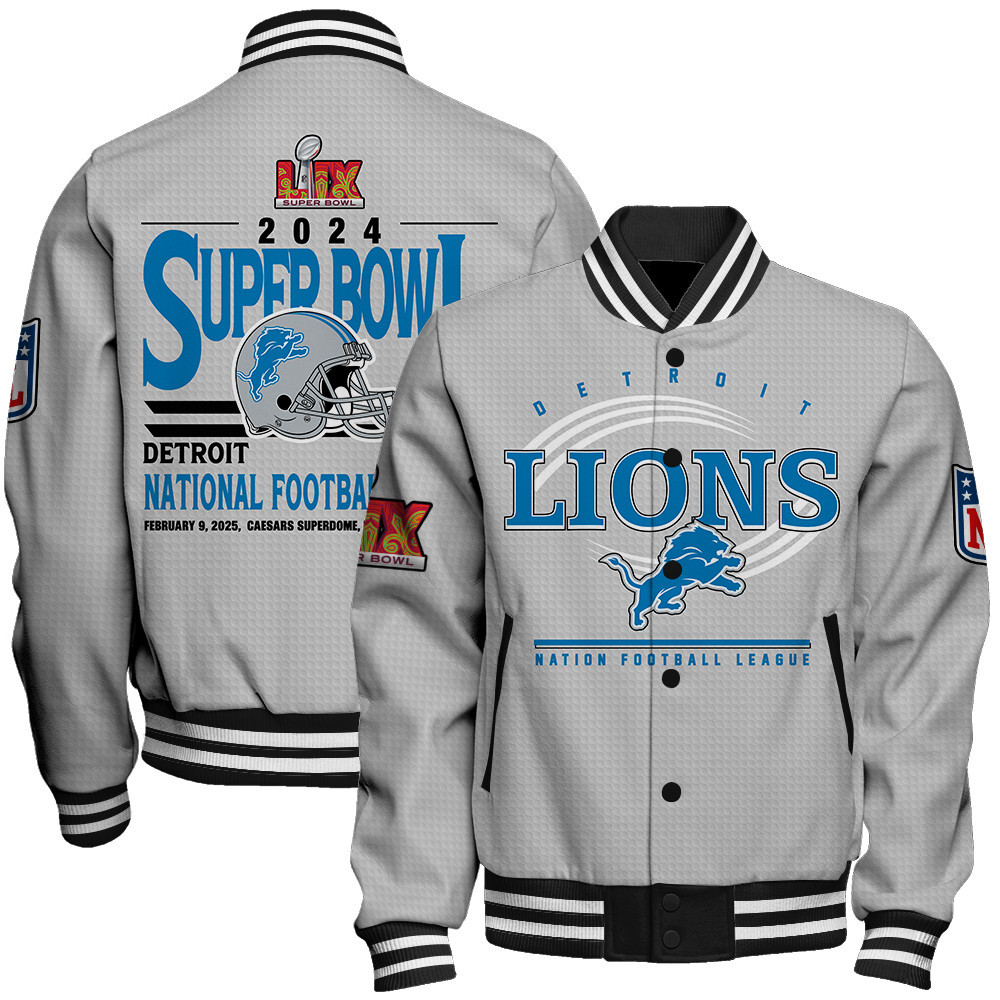 Detroit Lions Super Bowl LIX Glory Varsity Jacket - Famjoys Detroit Lions Super Bowl LIX Glory Varsity Jacket - Famjoys