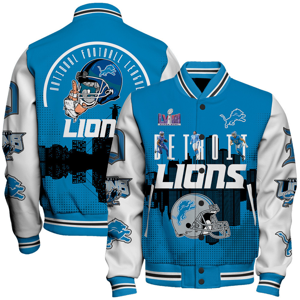 Detroit Lions Team Logo Player Design Varsity Jacket - Famjoys Detroit Lions Team Logo Player Design Varsity Jacket - Famjoys
