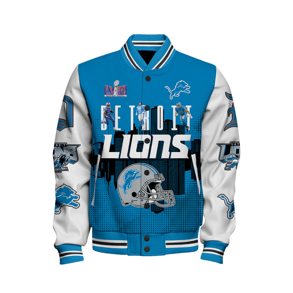 Detroit Lions Team Logo Player Design Varsity Jacket - Famjoys Detroit Lions Team Logo Player Design Varsity Jacket - Famjoys