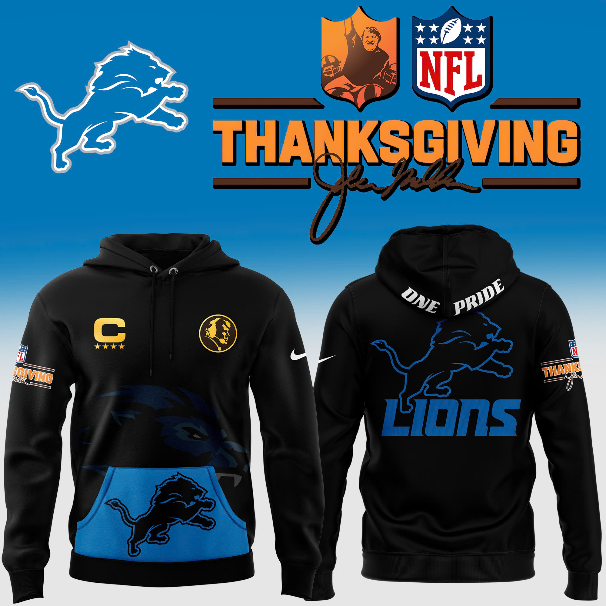 Detroit Lions Thanksgiving Day Premium Pullover John Madden Patch Hoodie - Famjoys Detroit Lions Thanksgiving Day Premium Pullover John Madden Patch Hoodie - Famjoys