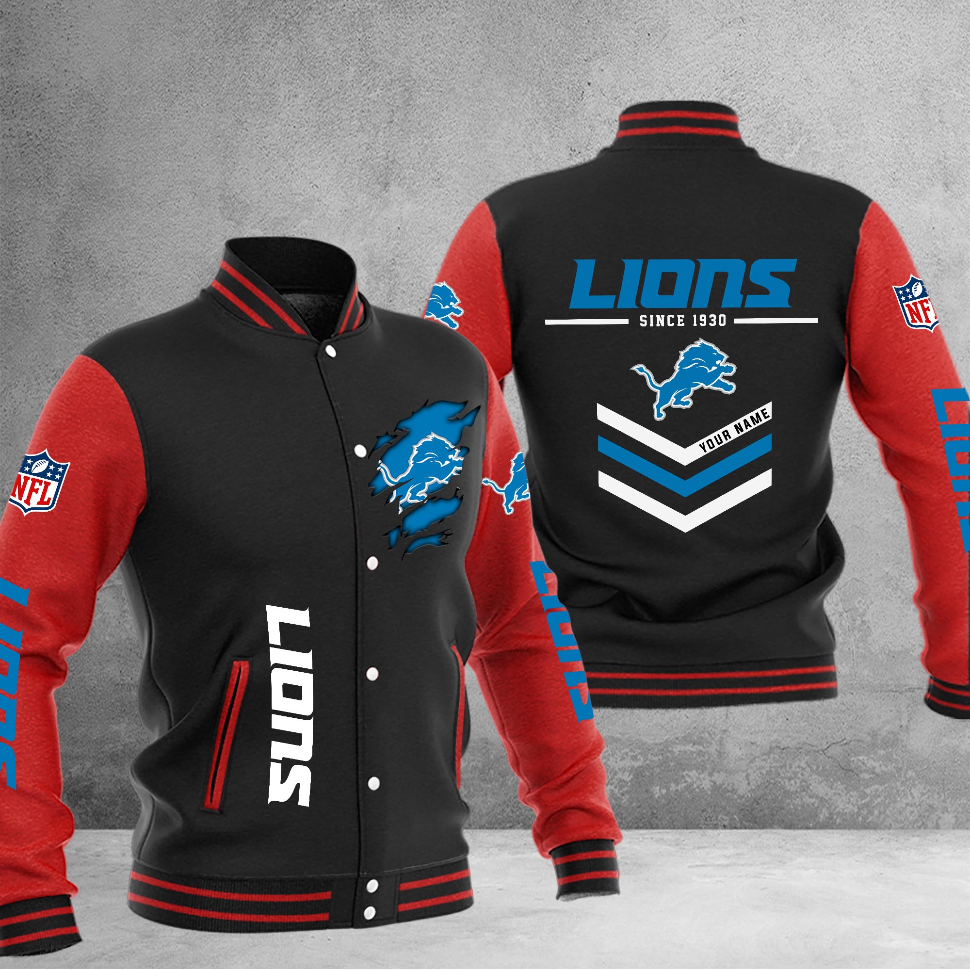 Detroit Lions Varsity Baseball Jacket - Famjoys Detroit Lions Varsity Baseball Jacket - Famjoys