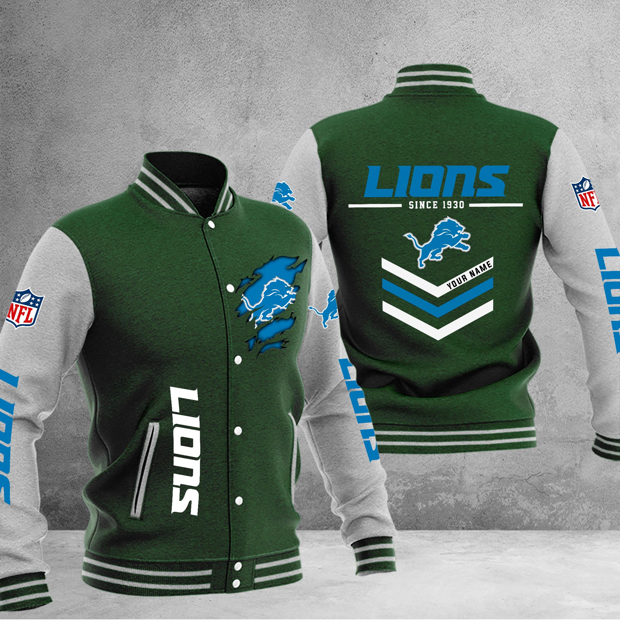 Detroit Lions Varsity Baseball Jacket - Famjoys Detroit Lions Varsity Baseball Jacket - Famjoys