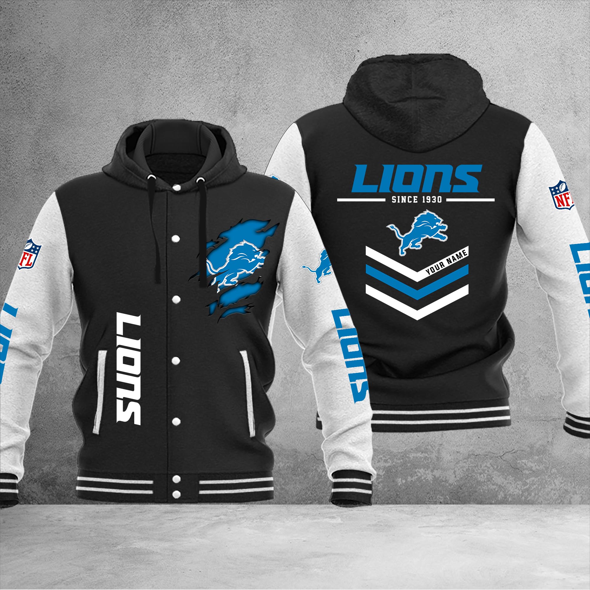 Detroit Lions Varsity Baseball Jacket - Famjoys Detroit Lions Varsity Baseball Jacket - Famjoys