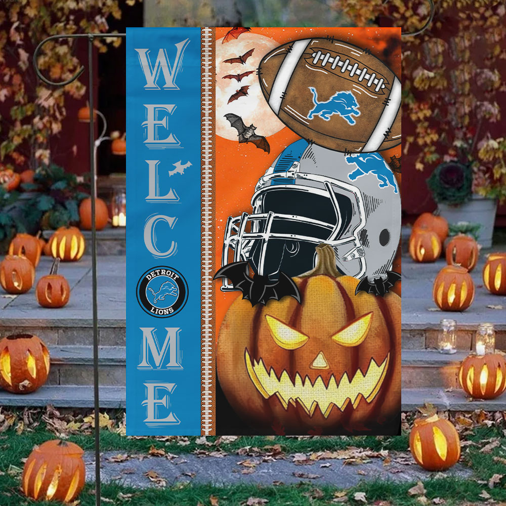 Detroit Lions Welcome Halloween Garden Flag, House Flag Double Sided Printed - Famjoys Detroit Lions Welcome Halloween Garden Flag, House Flag Double Sided Printed - Famjoys