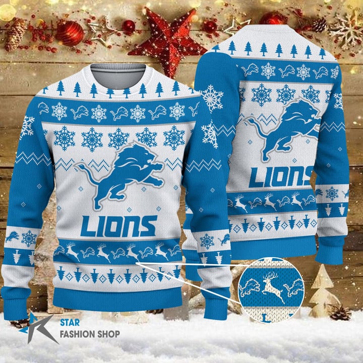 Detroit Lions Woolen Christmas Ugly Sweater BGSWT120 - Famjoys Detroit Lions Woolen Christmas Ugly Sweater BGSWT120 - Famjoys