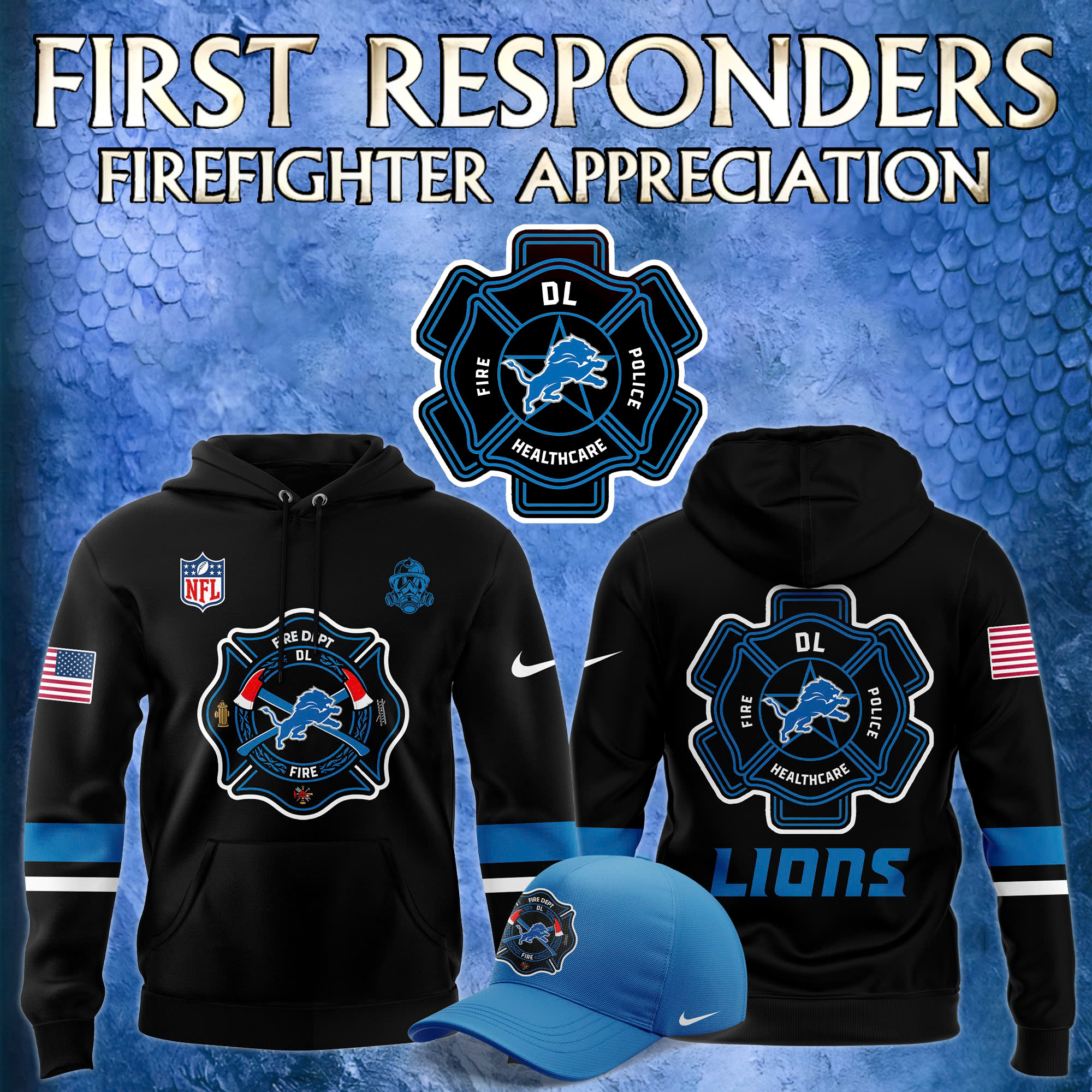 Detroit Lions x Firefighter Appreciation Night Premium Pullover Hoodie - Famjoys Detroit Lions x Firefighter Appreciation Night Premium Pullover Hoodie - Famjoys