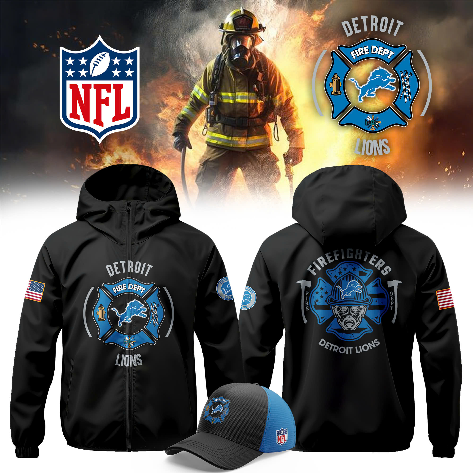 Detroit Lions x Firefighter Appreciation Night Premium Pullover Wind Jacket - Famjoys Detroit Lions x Firefighter Appreciation Night Premium Pullover Wind Jacket - Famjoys