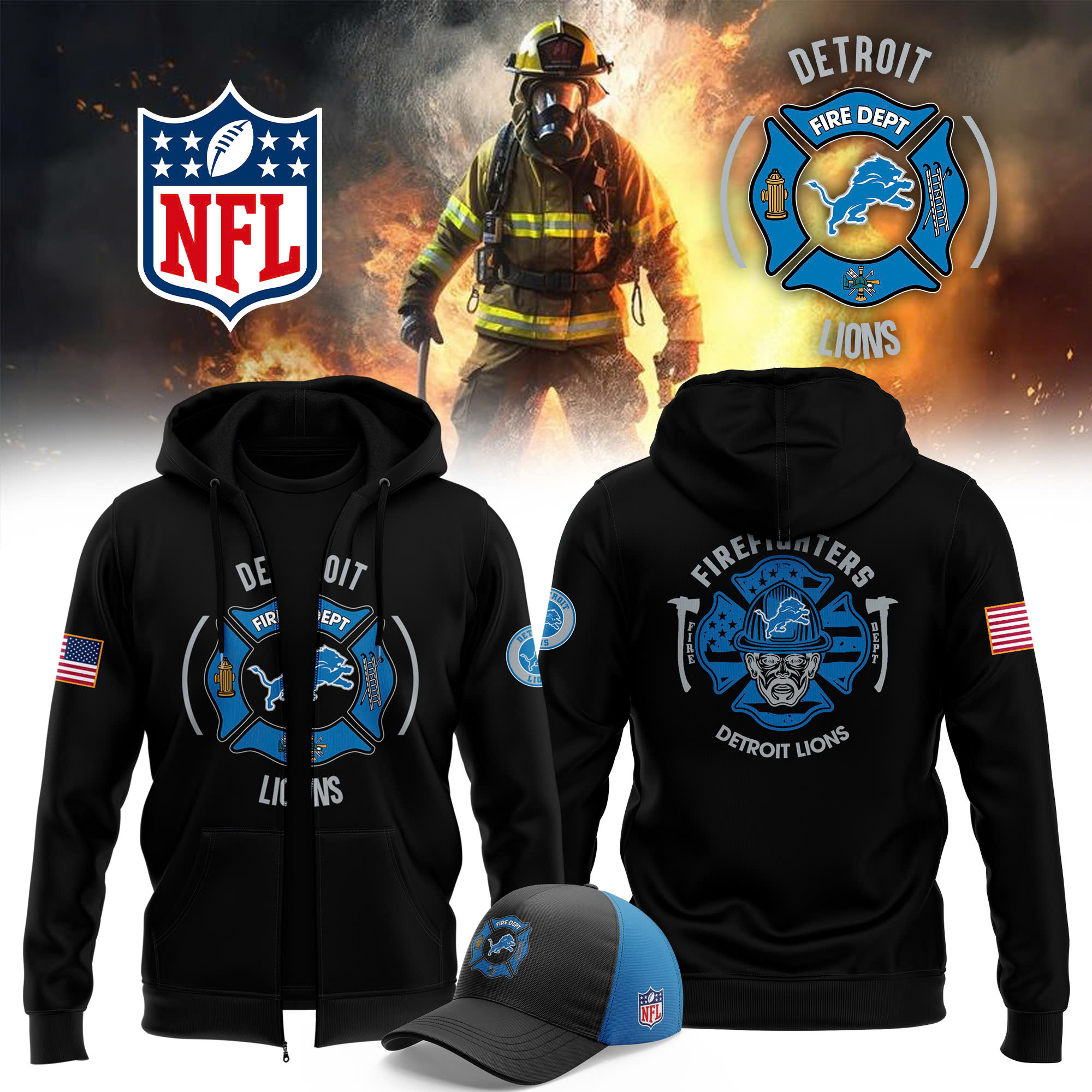 Detroit Lions x Firefighter Appreciation Night Premium Pullover Zip Hoodie - Famjoys Detroit Lions x Firefighter Appreciation Night Premium Pullover Zip Hoodie - Famjoys