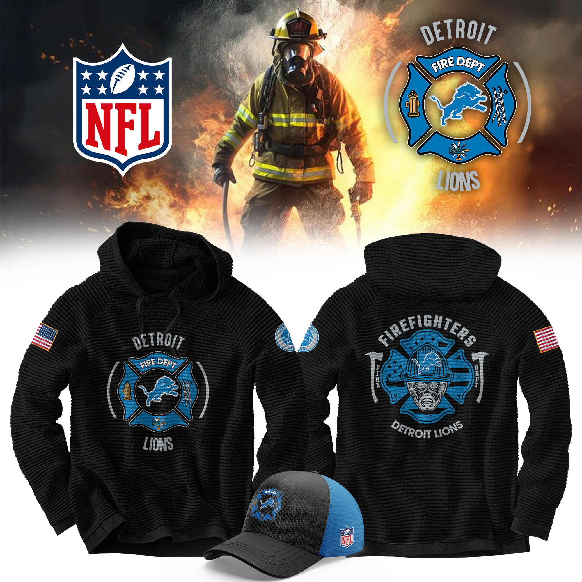 Detroit Lions x Firefighter Appreciation Night Premium Waffle Hoodie - Famjoys Detroit Lions x Firefighter Appreciation Night Premium Waffle Hoodie - Famjoys