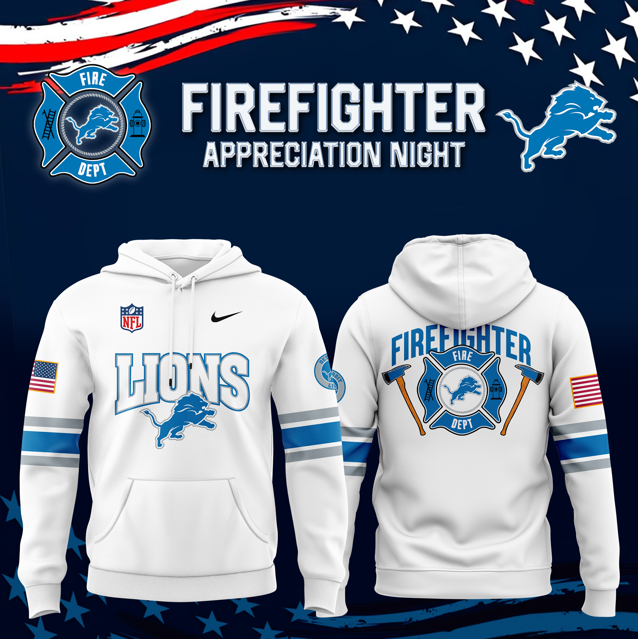 Detroit Lions x Firefighter Appreciation Night Premium White Hoodie - Famjoys Detroit Lions x Firefighter Appreciation Night Premium White Hoodie - Famjoys