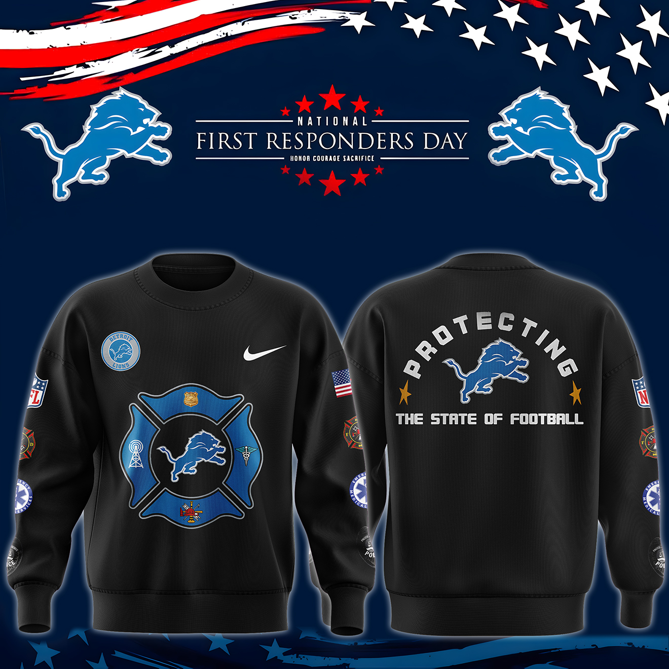 Detroit Lions x First Responders Day Premium Sweatshirt - Famjoys Detroit Lions x First Responders Day Premium Sweatshirt - Famjoys
