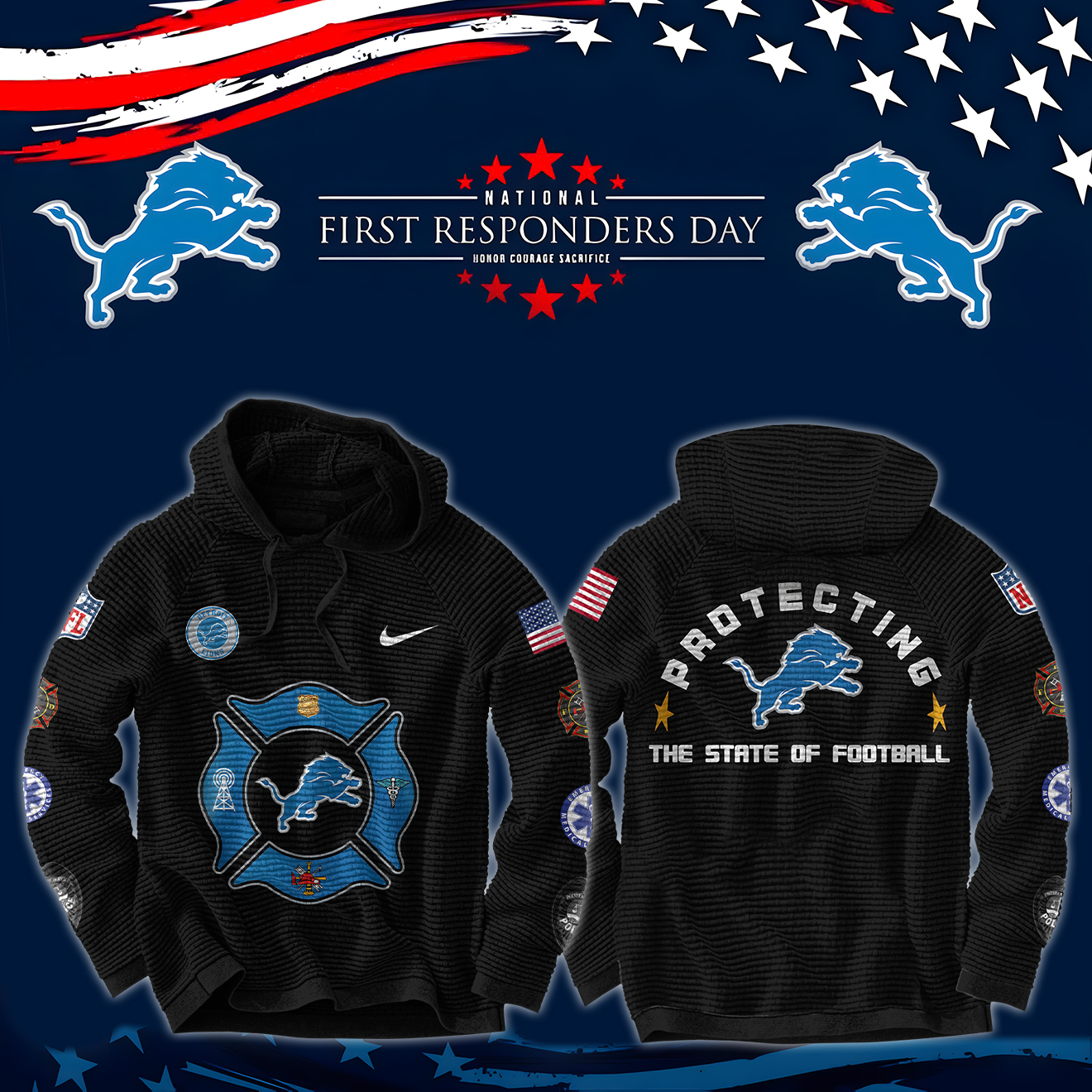 Detroit Lions x First Responders Day Pullover Waffle Hoodie - Famjoys Detroit Lions x First Responders Day Pullover Waffle Hoodie - Famjoys