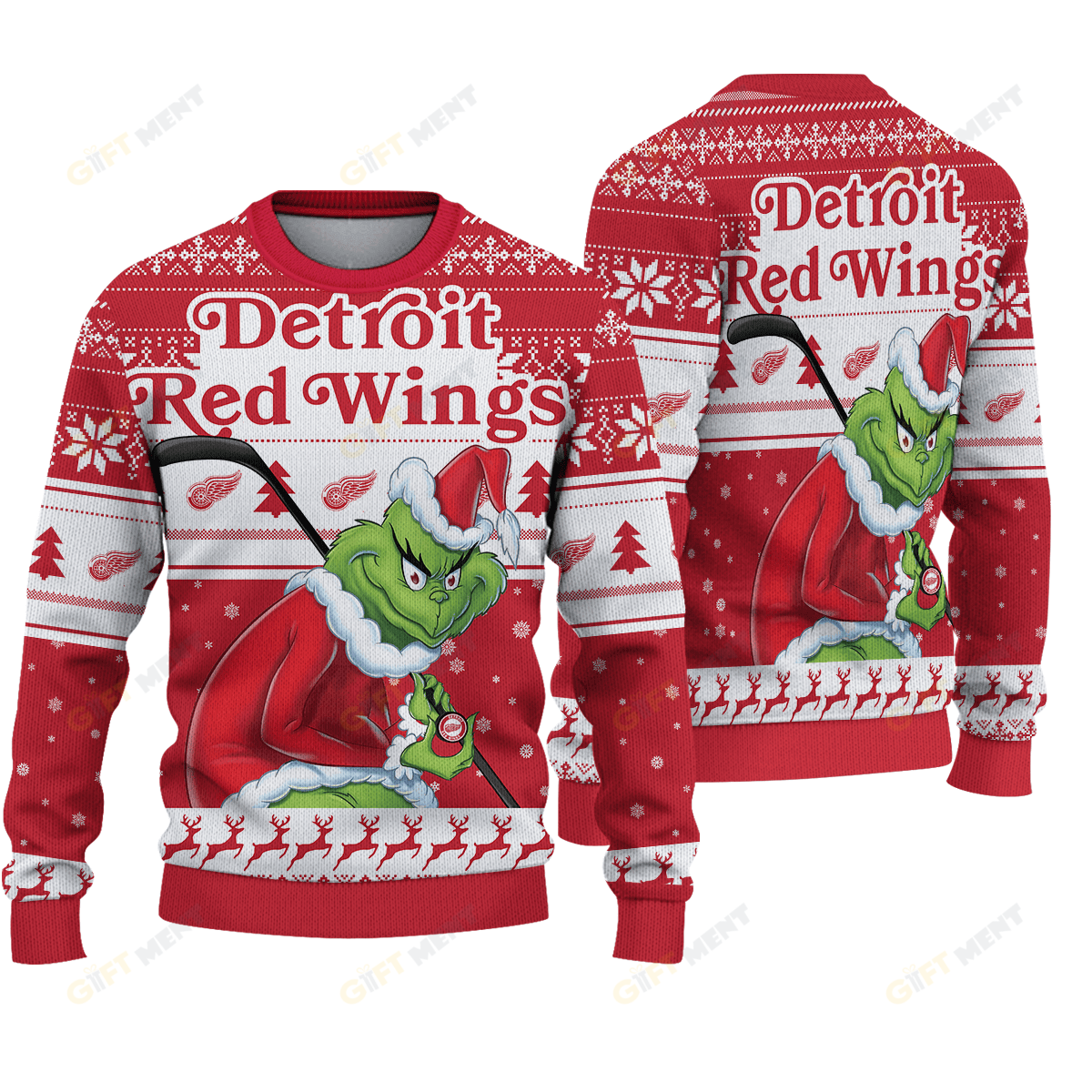 Detroit Red Wings Grinch Christmas Ugly Sweater - Famjoys Detroit Red Wings Grinch Christmas Ugly Sweater - Famjoys