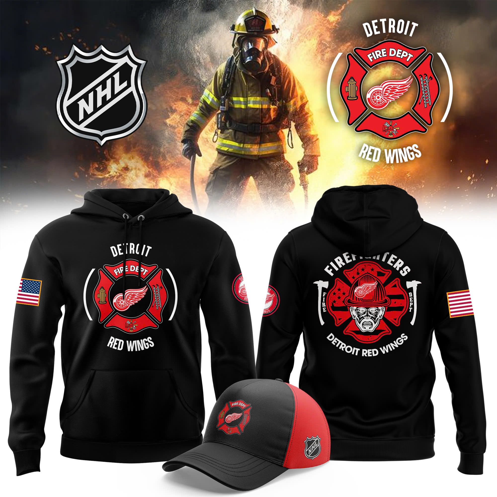 Detroit Red Wings x 2025 Firefighter Appreciation Night Premium Pullover Hoodie - Famjoys Detroit Red Wings x 2025 Firefighter Appreciation Night Premium Pullover Hoodie - Famjoys