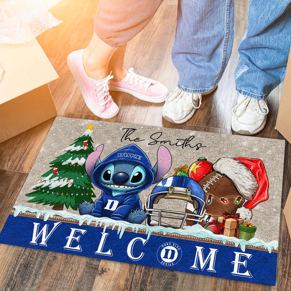 Duke Blue Devils Cute Stitch Christmas Doormat - Famjoys Duke Blue Devils Cute Stitch Christmas Doormat - Famjoys