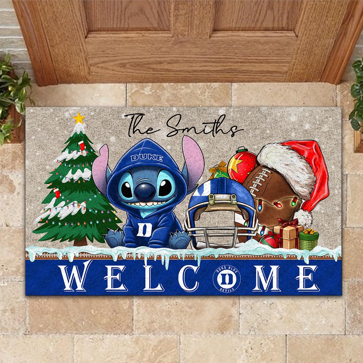 Duke Blue Devils Cute Stitch Christmas Doormat - Famjoys Duke Blue Devils Cute Stitch Christmas Doormat - Famjoys