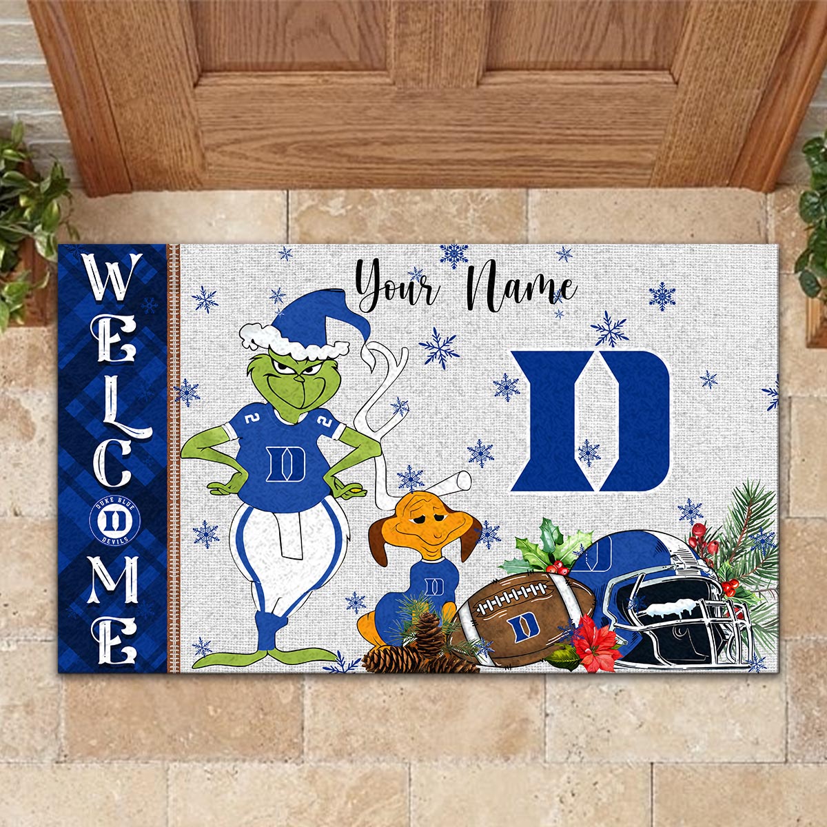 Duke Blue Devils Grinch Christmas Welcome Football Doormat - Famjoys Duke Blue Devils Grinch Christmas Welcome Football Doormat - Famjoys