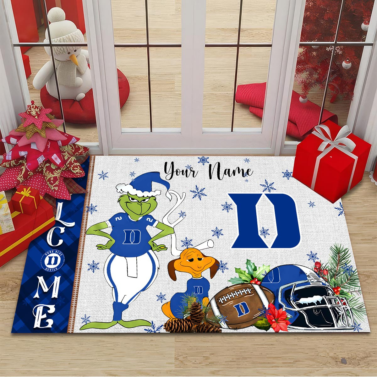 Duke Blue Devils Grinch Christmas Welcome Football Doormat - Famjoys Duke Blue Devils Grinch Christmas Welcome Football Doormat - Famjoys