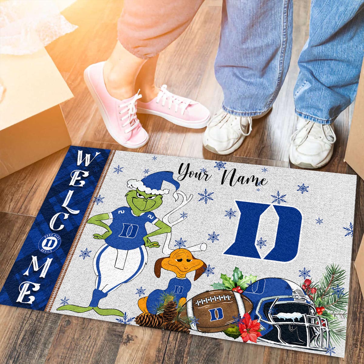Duke Blue Devils Grinch Christmas Welcome Football Doormat - Famjoys Duke Blue Devils Grinch Christmas Welcome Football Doormat - Famjoys