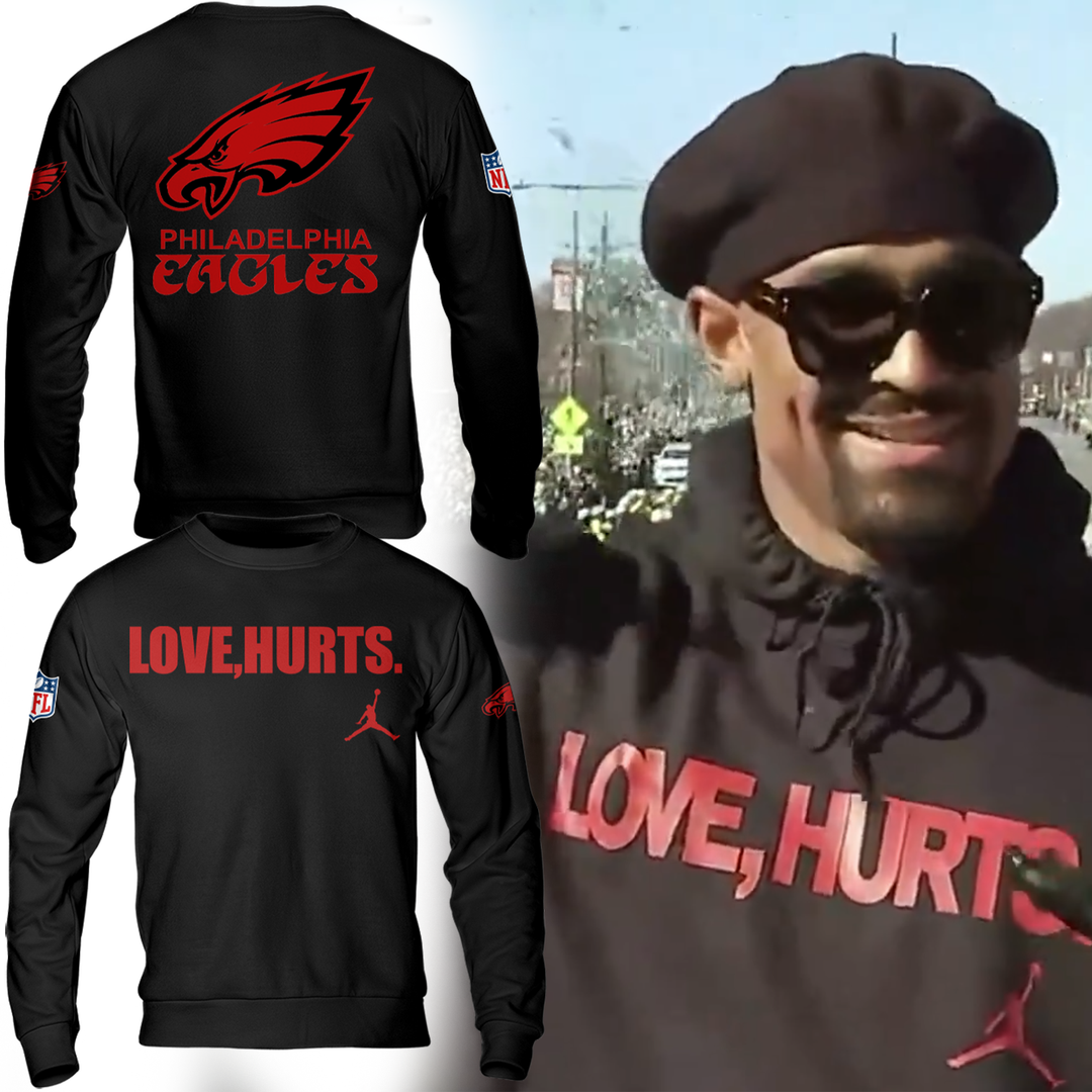 EditionJalen Hurts with the 'Love, Hurts' Sweatshirt - Famjoys EditionJalen Hurts with the 'Love, Hurts' Sweatshirt - Famjoys