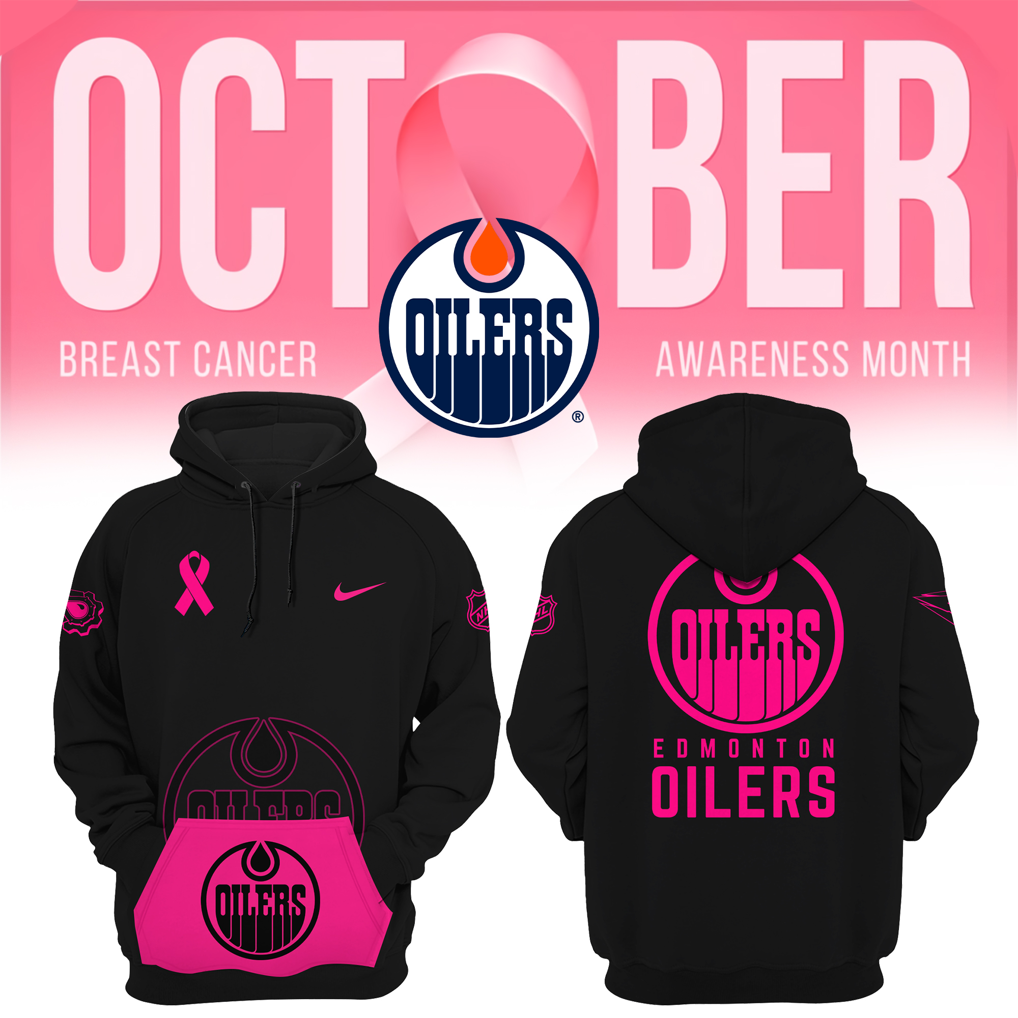 Edmonton Oilers NHL Breast Cancer Awareness Month Pullover Hoodie - Famjoys Edmonton Oilers NHL Breast Cancer Awareness Month Pullover Hoodie - Famjoys