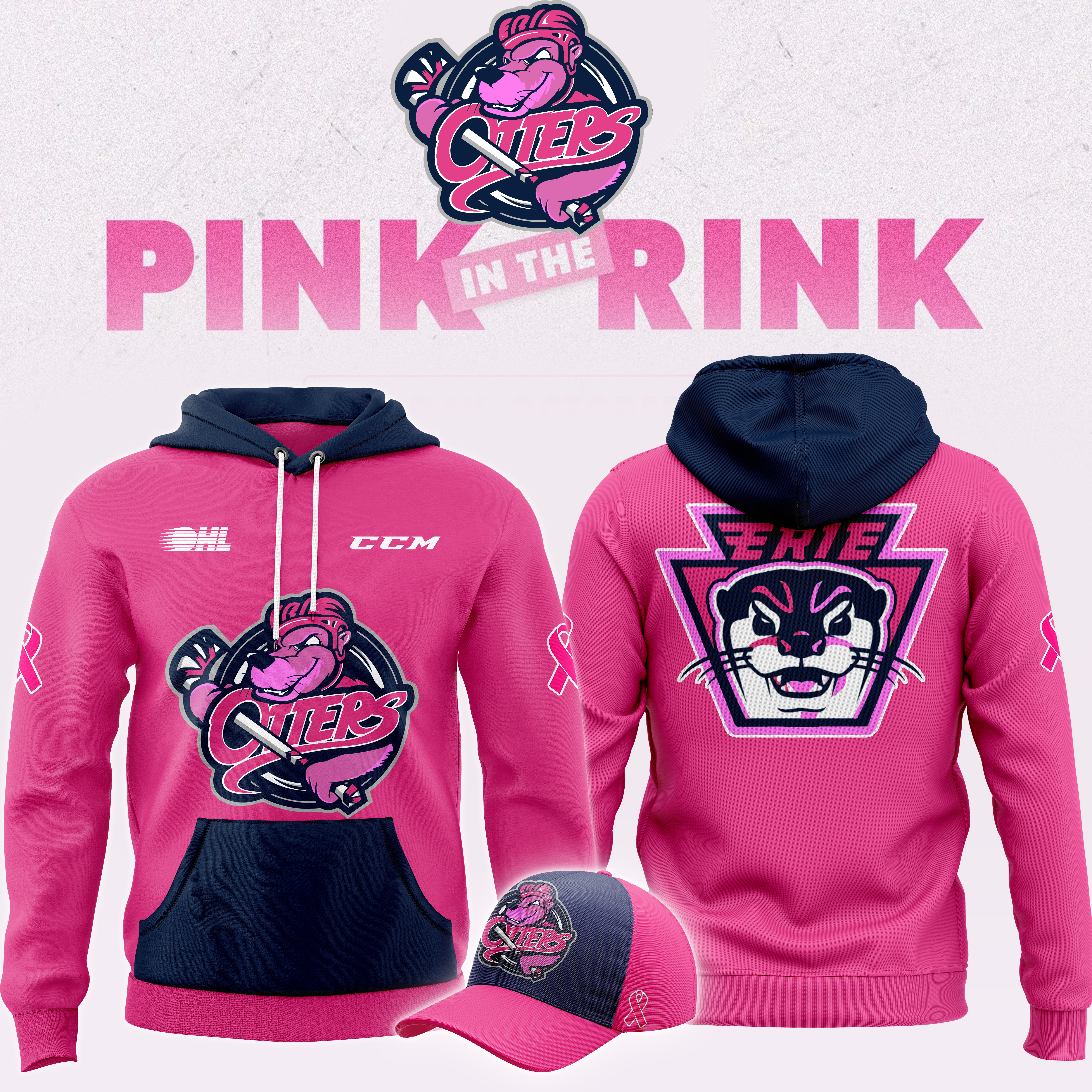 Erie Otters x Pink in the Rink Night Pullover Hoodie - Famjoys Erie Otters x Pink in the Rink Night Pullover Hoodie - Famjoys
