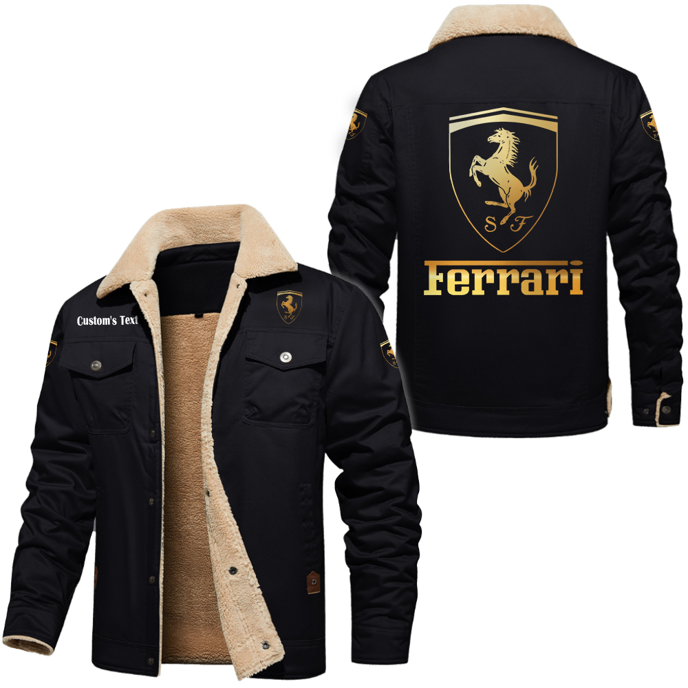 Ferrari Golden Logo Cargo Fleece Lined Cotton Jacket Multicolor, vintage style, customize name