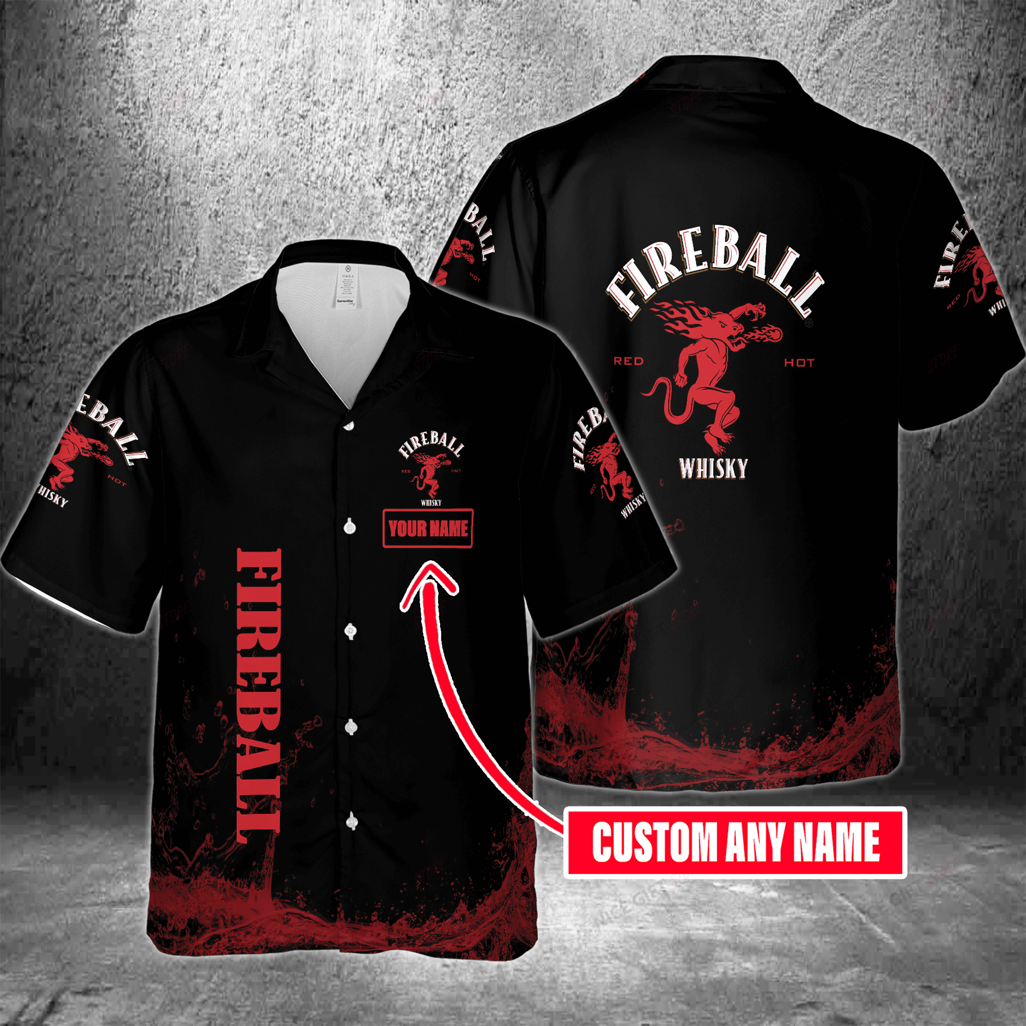 Fireball Cinnamon Whisky Custom Name Hawaiian Shirt 3HS-M6W3 - Famjoys Fireball Cinnamon Whisky Custom Name Hawaiian Shirt 3HS-M6W3 - Famjoys