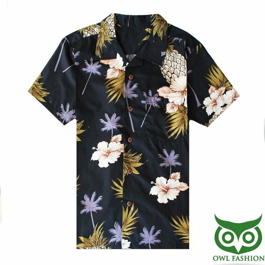 Floral Pineapple Shirt Black Print Hawaiian Shirt - Famjoys Floral Pineapple Shirt Black Print Hawaiian Shirt - Famjoys