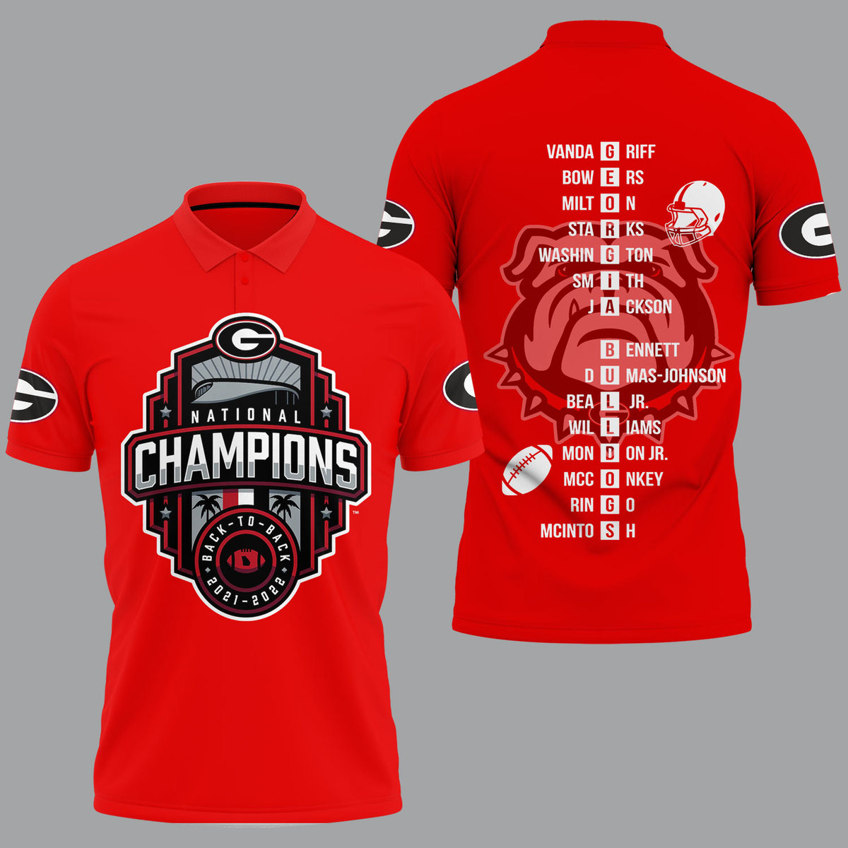 Georgia Bulldogs 2022 National Champions Back To Back Red Polo Shirt - Famjoys Georgia Bulldogs 2022 National Champions Back To Back Red Polo Shirt - Famjoys