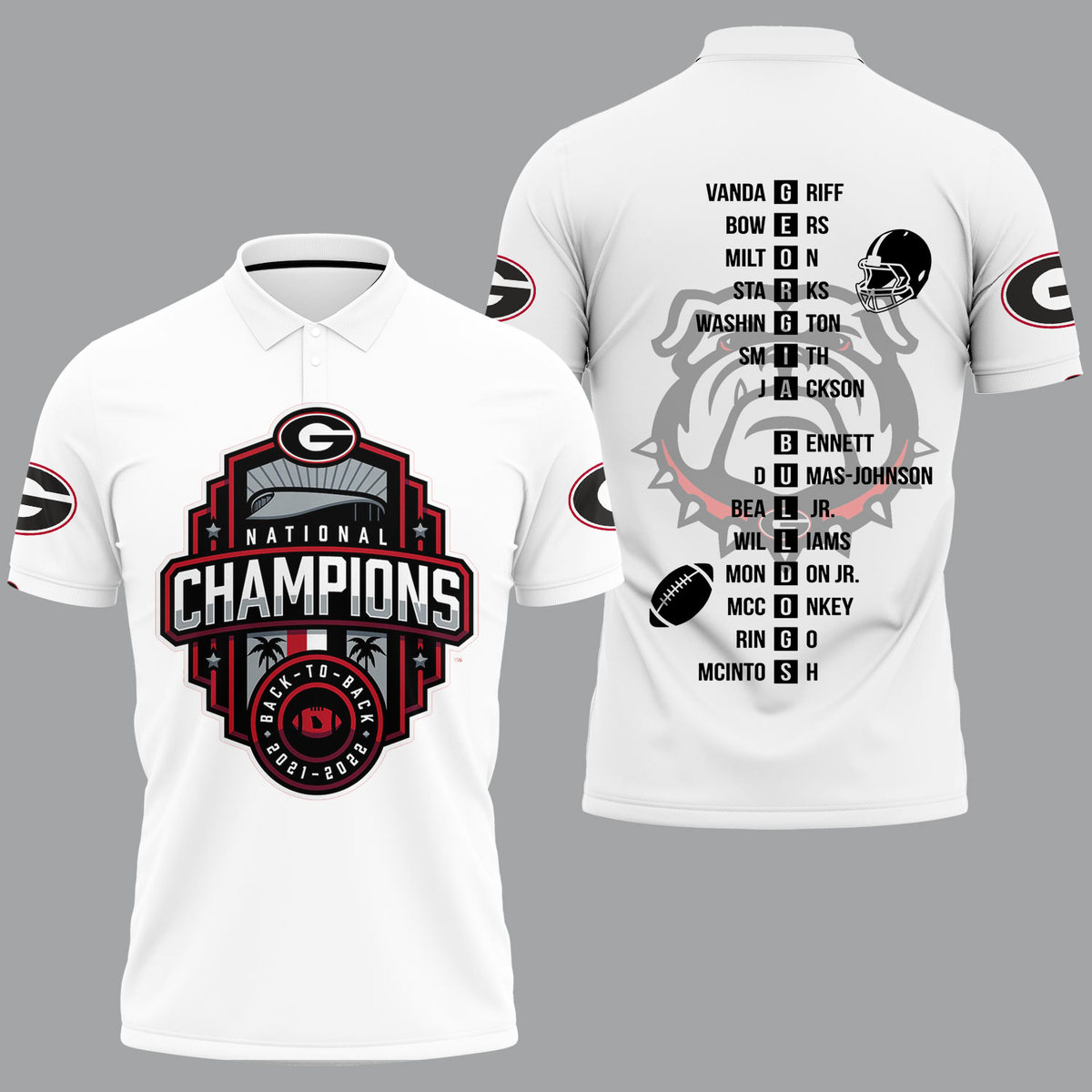 Georgia Bulldogs 2022 National Champions Back To Back White Polo Shirt - Famjoys Georgia Bulldogs 2022 National Champions Back To Back White Polo Shirt - Famjoys