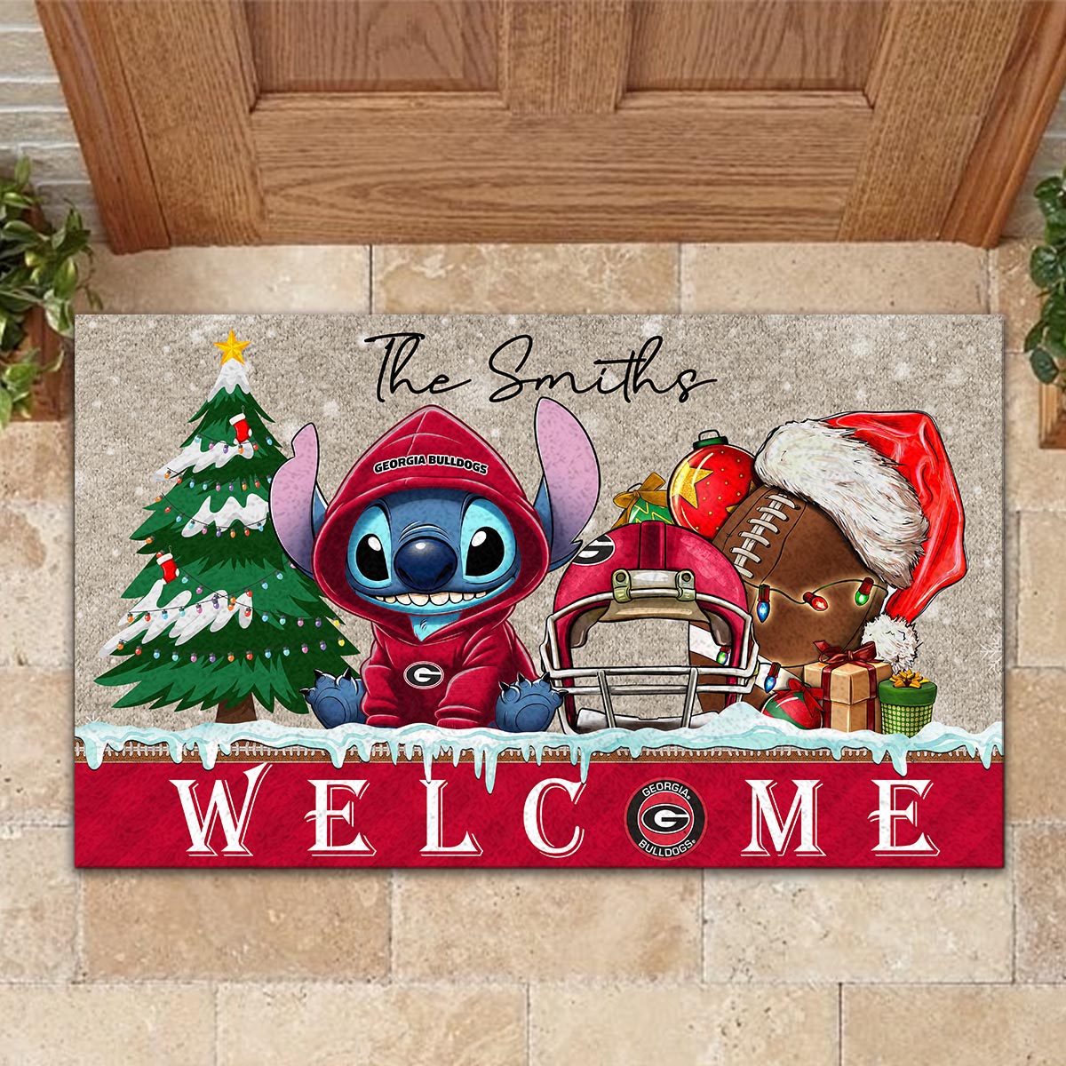 Georgia Bulldogs Cute Stitch Christmas Doormat - Famjoys Georgia Bulldogs Cute Stitch Christmas Doormat - Famjoys