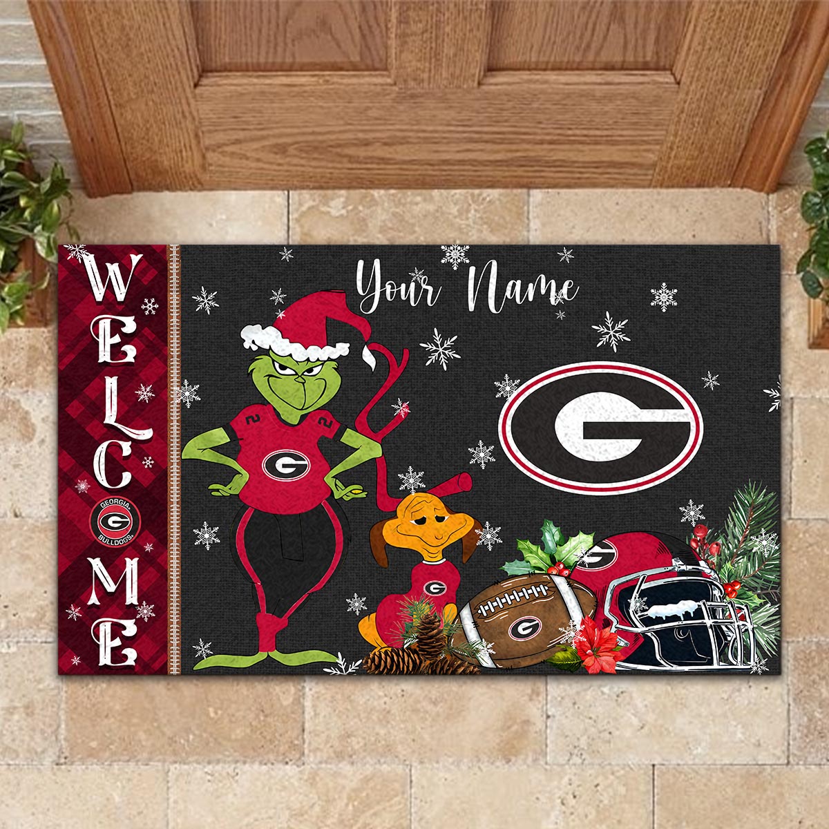 Georgia Bulldogs Grinch Christmas Welcome Football Doormat - Famjoys Georgia Bulldogs Grinch Christmas Welcome Football Doormat - Famjoys
