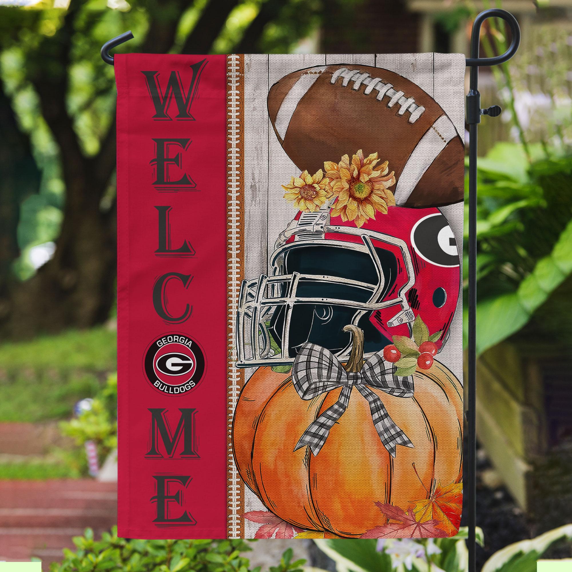 Georgia Bulldogs Welcome Fall Football Garden Flag – Double Sided Printed - Famjoys Georgia Bulldogs Welcome Fall Football Garden Flag – Double Sided Printed - Famjoys