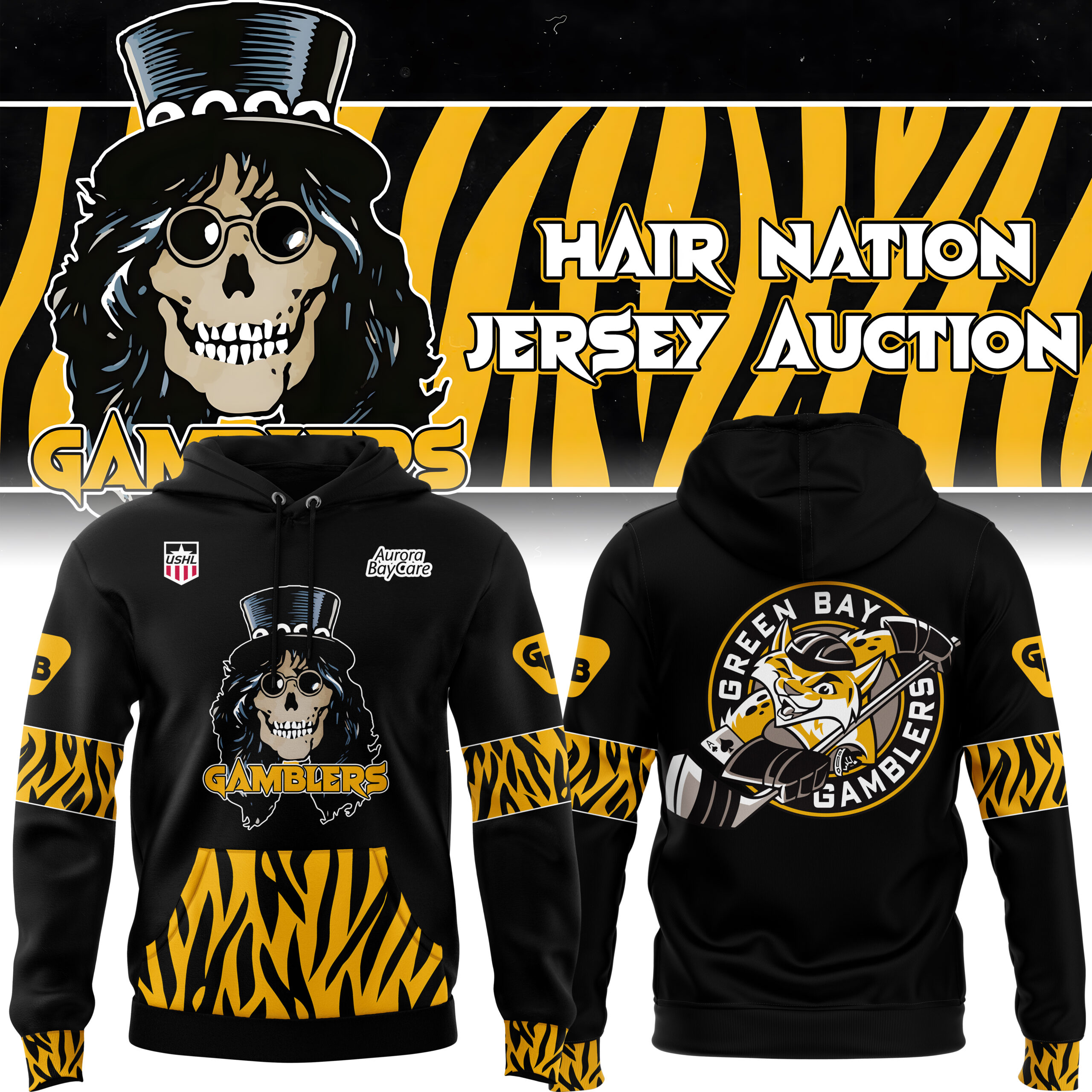 Green Bay Gamblers Hair Nation Jersey Auction Hoodie
