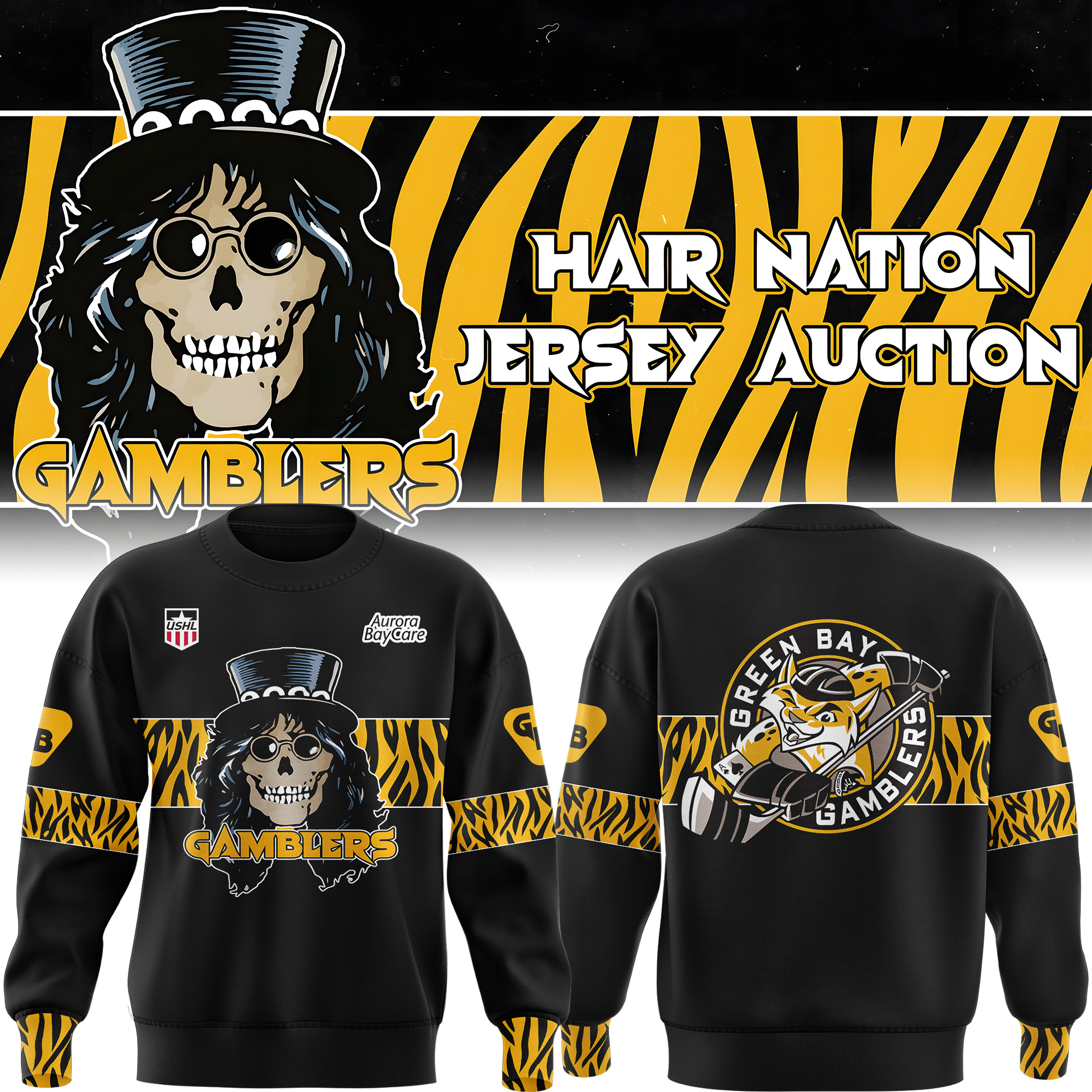 Green Bay Gamblers Hair Nation Jersey Auction Sweatershirt - Famjoys Green Bay Gamblers Hair Nation Jersey Auction Sweatershirt - Famjoys