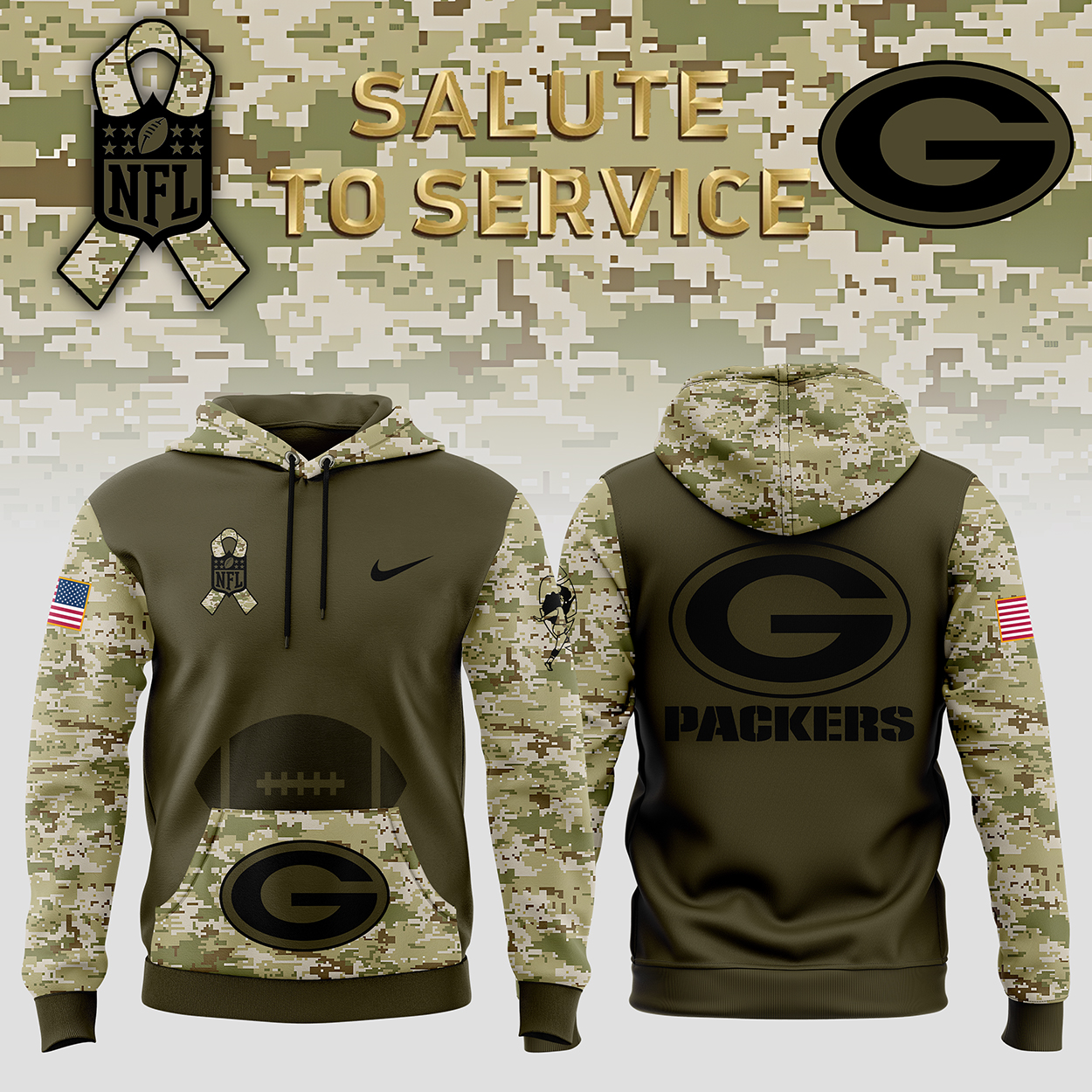 Green Bay Packer Camo Salute to Service Club Fleece Pullover Hoodie