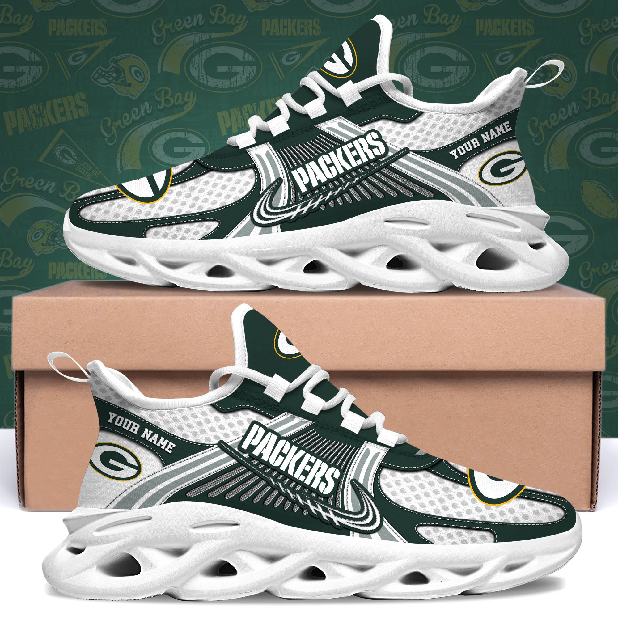Green Bay Packers Clunky Sneakers Custom Your Name, Sport Sneakers For Fans, Gifts For Sport Lovers, Gift For Dad ETRG-62453 - Famjoys Green Bay Packers Clunky Sneakers Custom Your Name, Sport Sneakers For Fans, Gifts For Sport Lovers, Gift For Dad ETRG-62453 - Famjoys