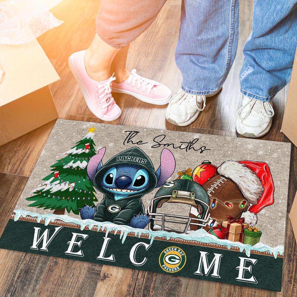 Green Bay Packers Cute Stitch Christmas Doormat - Famjoys Green Bay Packers Cute Stitch Christmas Doormat - Famjoys