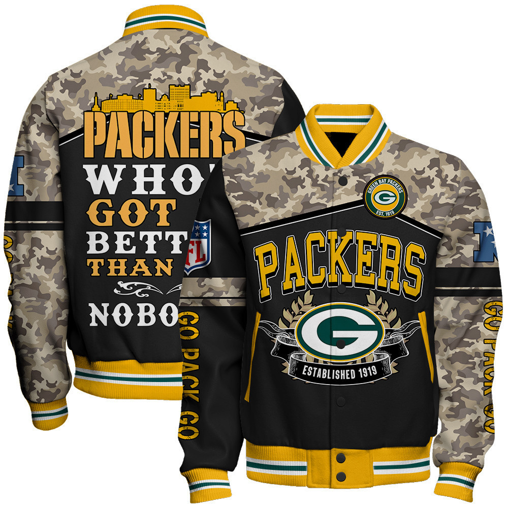 Green Bay Packers Go Pack Go National Football League Print Varsity Jacket - Famjoys Green Bay Packers Go Pack Go National Football League Print Varsity Jacket - Famjoys