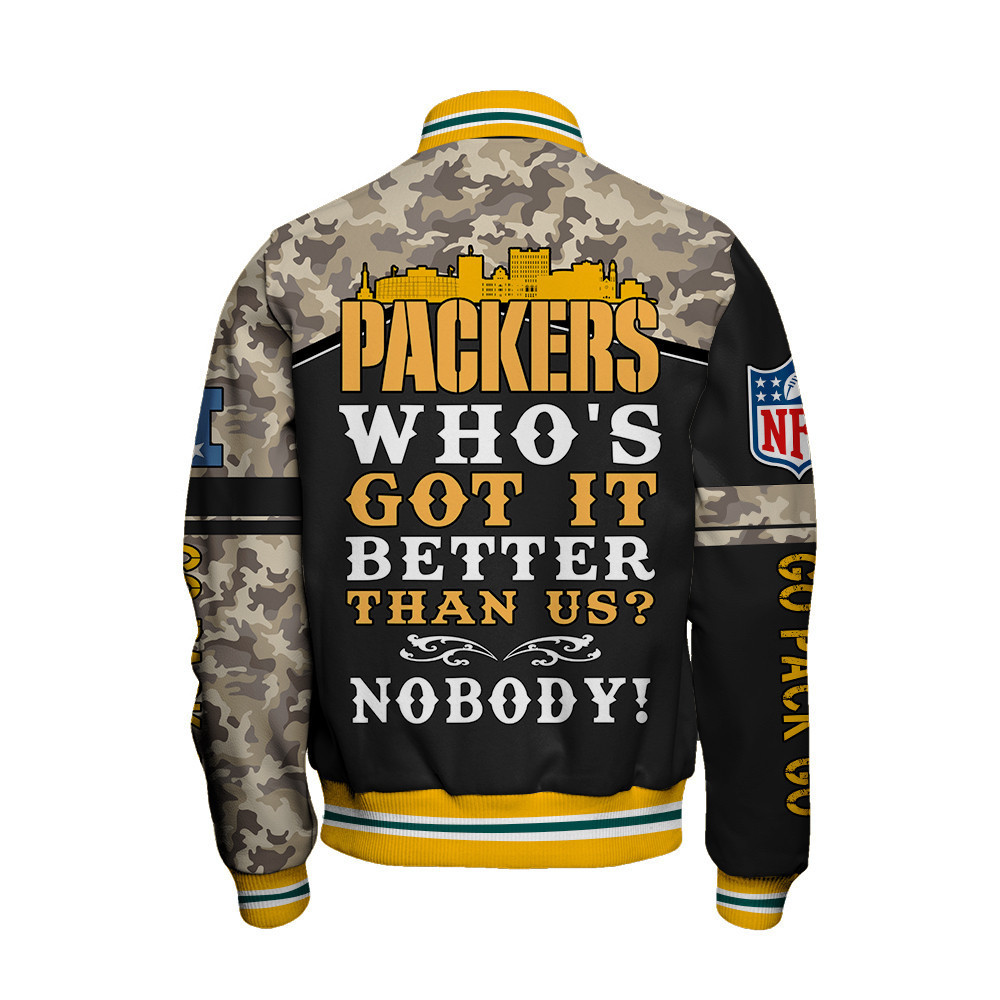 Green Bay Packers Go Pack Go National Football League Print Varsity Jacket - Famjoys Green Bay Packers Go Pack Go National Football League Print Varsity Jacket - Famjoys